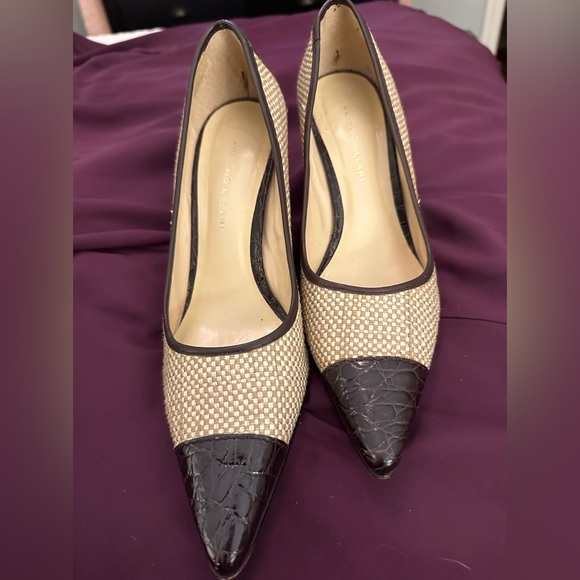 Antonio Melani Tan Woven Pumps With Brown Crocodile Toes and Heels! Size 8.5. - Picture 1 of 5
